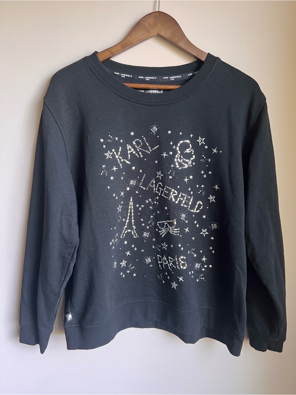 Karl Lagerfeld Paris Embellished Rhinestone Graphic Sweatshirt Black Large Glam - Picture 2 of 13